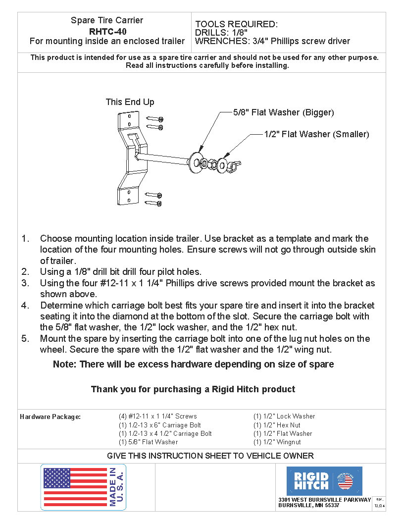 Enclosed Trailer Spare Tire Wall Mount Carrier Kit, USA Made, Complete Hardware Set (RHTC-40) - Image 5